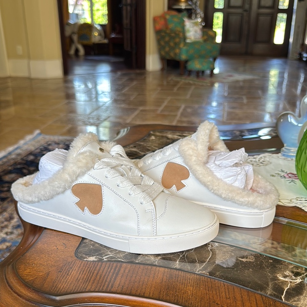 Kate Spade White and Tan Fur-Lined Sneakers